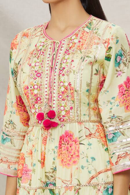 Shop Gopi Vaid Yellow Cotton, Viscose Floral Motifs, Gota Printed Tiered Kurta And Palazzo Set Online at Aza Fashions Shop_Gopi Vaid_Yellow Cotton, Viscose Floral Motifs, Gota Printed Tiered Kurta And Palazzo Set _Online_at_Aza_Fashions