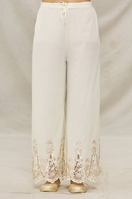 Gopi Vaid Yellow Cotton, Viscose Floral Motifs, Gota Printed Tiered Kurta And Palazzo Set at Aza Fashions Gopi Vaid_Yellow Cotton, Viscose Floral Motifs, Gota Printed Tiered Kurta And Palazzo Set _at_Aza_Fashions