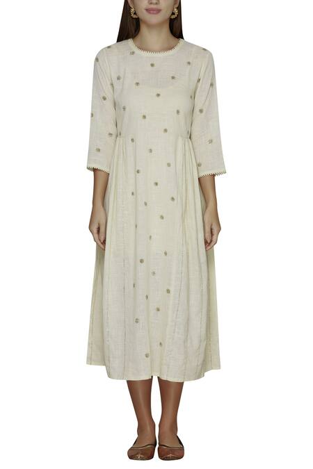Shop_Ilk_Off White Cotton Slub Embroidered Midi Dress_Online_at_Aza_Fashions