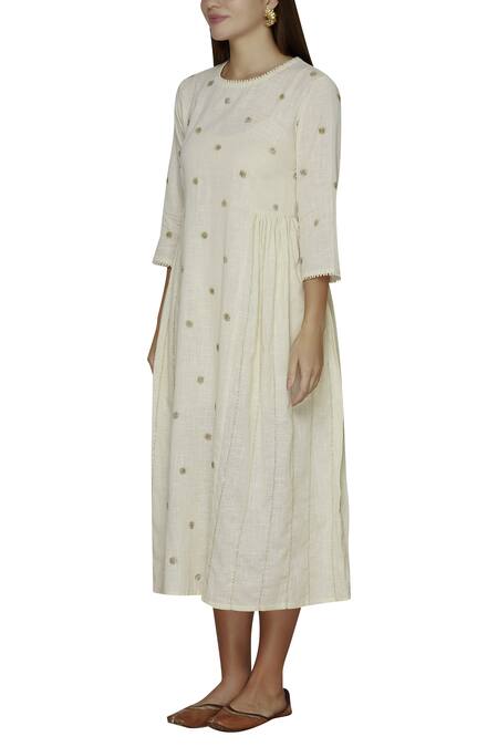 Buy_Ilk_Off White Cotton Slub Embroidered Midi Dress_Online_at_Aza_Fashions