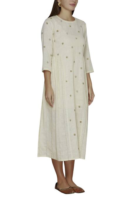 Ilk_Off White Cotton Slub Embroidered Midi Dress_Online_at_Aza_Fashions