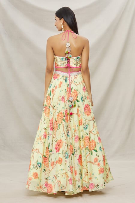 Shop Gopi Vaid Yellow Viscose Floral Motifs V Neck Print Lehenga And Blouse Set at Aza Fashions Shop_Gopi Vaid_Yellow Viscose Floral Motifs V Neck Print Lehenga And Blouse Set _at_Aza_Fashions