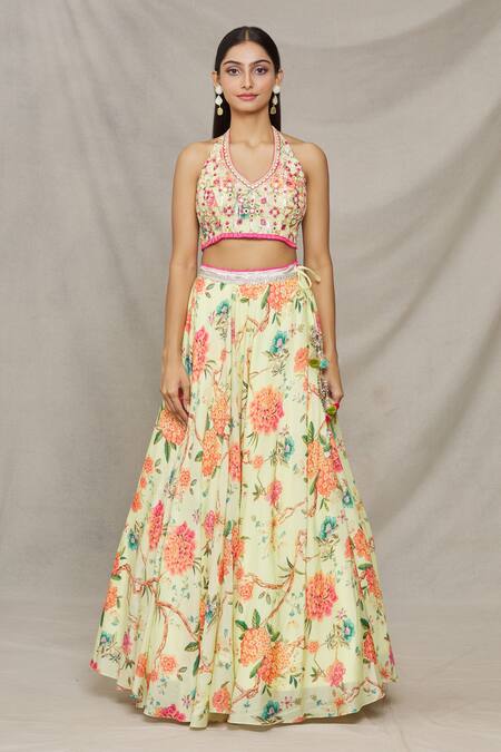 Gopi Vaid Yellow Viscose Floral Motifs V Neck Print Lehenga And Blouse Set Online at Aza Fashions Gopi Vaid_Yellow Viscose Floral Motifs V Neck Print Lehenga And Blouse Set _Online_at_Aza_Fashions