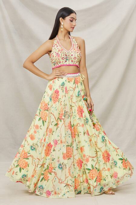 Buy Gopi Vaid Yellow Viscose Floral Motifs V Neck Print Lehenga And Blouse Set Online at Aza Fashions Buy_Gopi Vaid_Yellow Viscose Floral Motifs V Neck Print Lehenga And Blouse Set _Online_at_Aza_Fashions