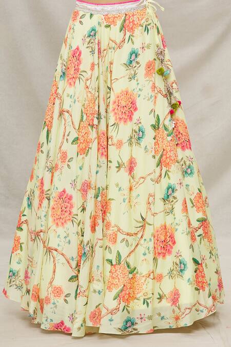 Gopi Vaid Yellow Viscose Floral Motifs V Neck Print Lehenga And Blouse Set at Aza Fashions Gopi Vaid_Yellow Viscose Floral Motifs V Neck Print Lehenga And Blouse Set _at_Aza_Fashions