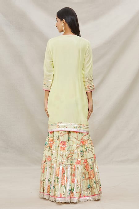 Shop Gopi Vaid Yellow Chiffon, Viscose Round Gota Embellished Kurta Sharra Set at Aza Fashions Shop_Gopi Vaid_Yellow Chiffon, Viscose Round Gota Embellished Kurta Sharra Set _at_Aza_Fashions