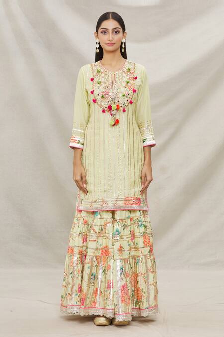 Gopi Vaid Yellow Chiffon, Viscose Round Gota Embellished Kurta Sharra Set Online at Aza Fashions Gopi Vaid_Yellow Chiffon, Viscose Round Gota Embellished Kurta Sharra Set _Online_at_Aza_Fashions