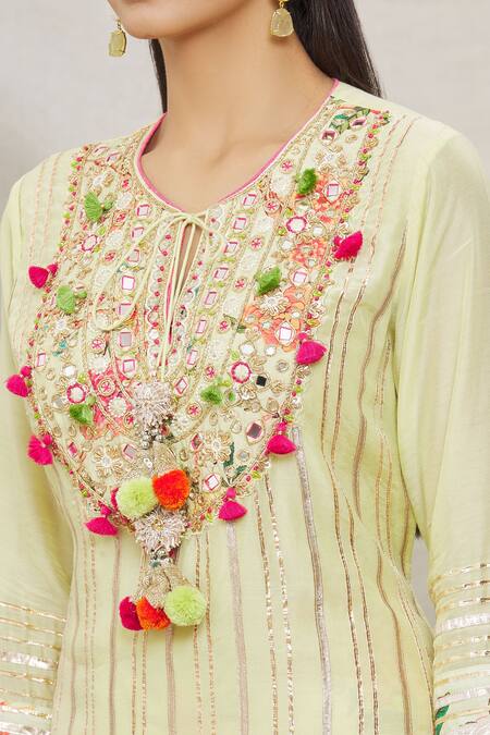 Shop Gopi Vaid Yellow Chiffon, Viscose Round Gota Embellished Kurta Sharra Set Online at Aza Fashions Shop_Gopi Vaid_Yellow Chiffon, Viscose Round Gota Embellished Kurta Sharra Set _Online_at_Aza_Fashions