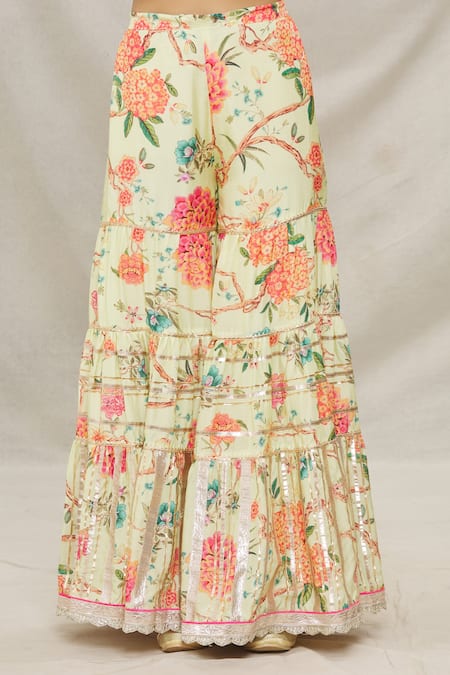 Gopi Vaid Yellow Chiffon, Viscose Round Gota Embellished Kurta Sharra Set at Aza Fashions Gopi Vaid_Yellow Chiffon, Viscose Round Gota Embellished Kurta Sharra Set _at_Aza_Fashions