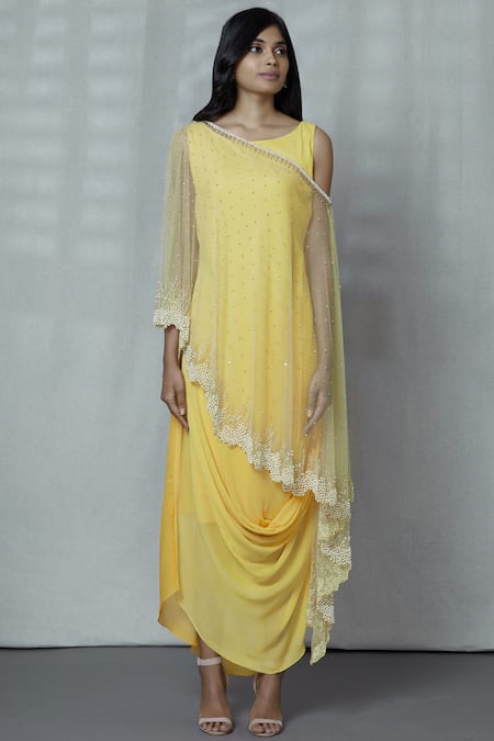 Ariyana by Aza_Yellow Georgette Round Embellished Cape With Dress _Online_at_Aza_Fashions