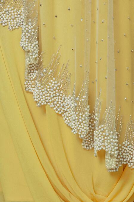 Ariyana by Aza_Yellow Georgette Round Embellished Cape With Dress _at_Aza_Fashions