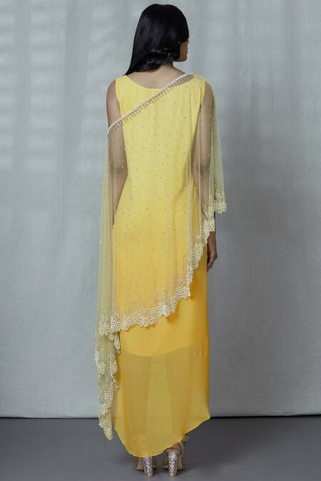 Shop_Ariyana by Aza_Yellow Georgette Round Embellished Cape With Dress _at_Aza_Fashions