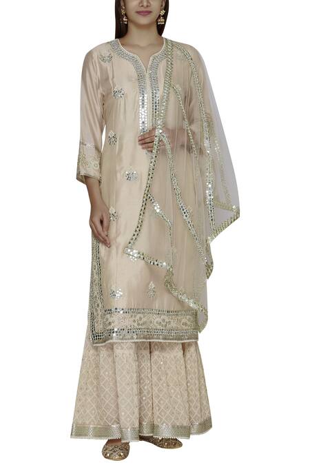 Aditi Beriwala_Beige Georgette, Dupion Silk Kurta Round Inner V Embellished Sharara Set_Online_at_Aza_Fashions