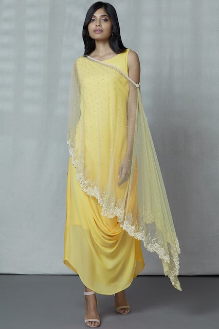 Buy_Ariyana by Aza_Yellow Georgette Round Embellished Cape With Dress _Online_at_Aza_Fashions