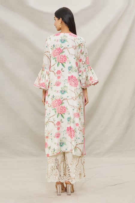 Shop Gopi Vaid Ivory Cotton, Viscose Floral Motifs Round Print Kurta And Palazzo Set at Aza Fashions Shop_Gopi Vaid_Ivory Cotton, Viscose Floral Motifs Round Print Kurta And Palazzo Set _at_Aza_Fashions