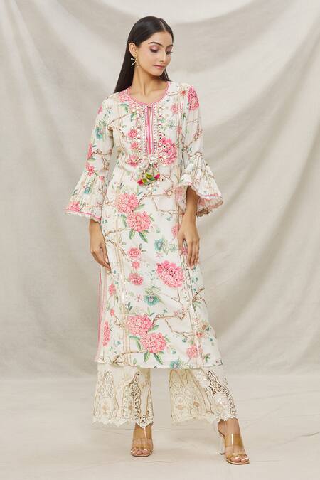 Buy Gopi Vaid Ivory Cotton, Viscose Floral Motifs Round Print Kurta And Palazzo Set Online at Aza Fashions Buy_Gopi Vaid_Ivory Cotton, Viscose Floral Motifs Round Print Kurta And Palazzo Set _Online_at_Aza_Fashions