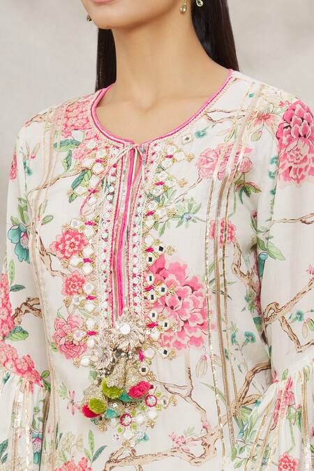 Shop Gopi Vaid Ivory Cotton, Viscose Floral Motifs Round Print Kurta And Palazzo Set Online at Aza Fashions Shop_Gopi Vaid_Ivory Cotton, Viscose Floral Motifs Round Print Kurta And Palazzo Set _Online_at_Aza_Fashions