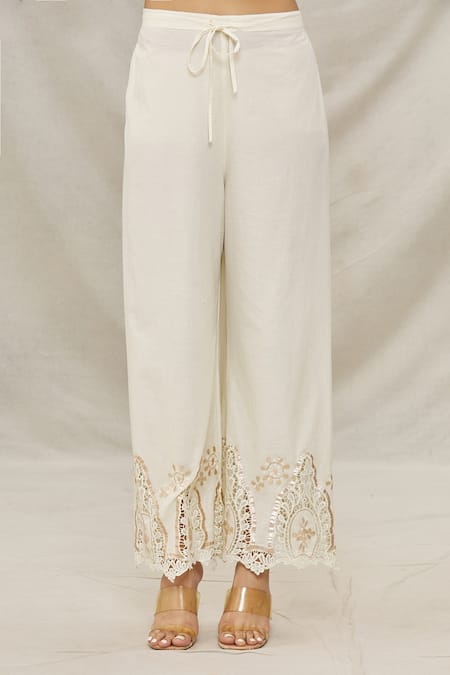 Gopi Vaid Ivory Cotton, Viscose Floral Motifs Round Print Kurta And Palazzo Set at Aza Fashions Gopi Vaid_Ivory Cotton, Viscose Floral Motifs Round Print Kurta And Palazzo Set _at_Aza_Fashions