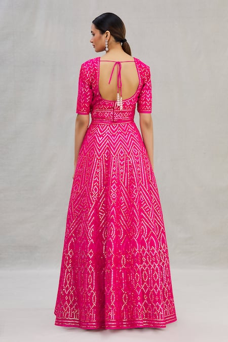 Shop_ASAL by Abu Sandeep_Pink Viscose Georgette Embroidery Round Lehenga Set _at_Aza_Fashions