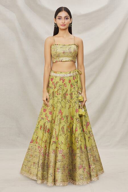 Gopi Vaid_Green Net, Silk Organza Floral Motifs Straight Print Lehenga Set_Online_at_Aza_Fashions