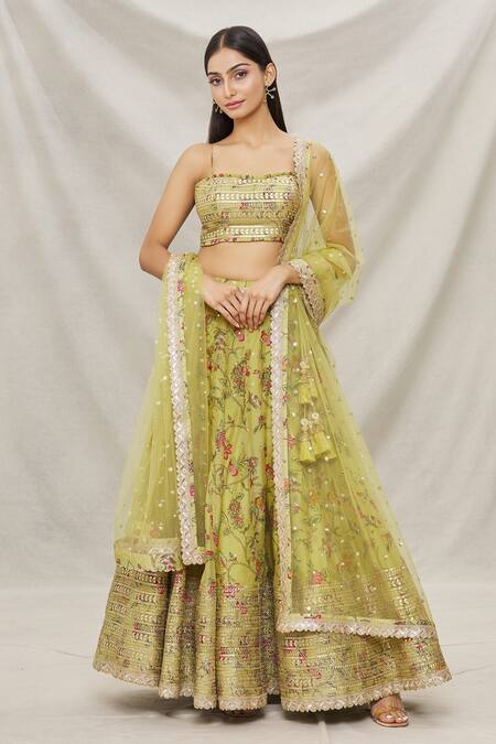 Buy_Gopi Vaid_Green Net, Silk Organza Floral Motifs Straight Print Lehenga Set_Online_at_Aza_Fashions