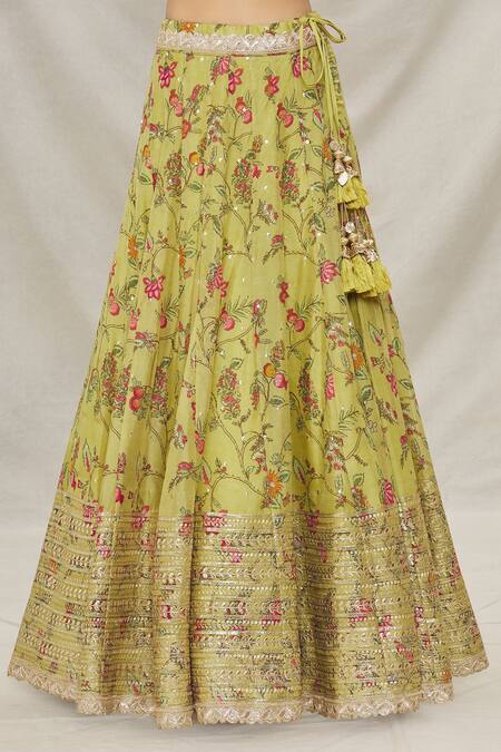 Gopi Vaid_Green Net, Silk Organza Floral Motifs Straight Print Lehenga Set_at_Aza_Fashions