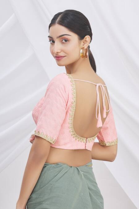 Shop_Arihant Rai Sinha_Pink Silk Leaf Neck Embroidered Saree Blouse _Online_at_Aza_Fashions