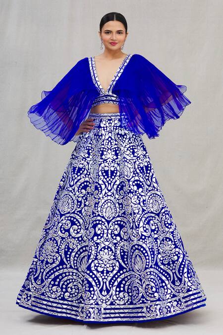 Asal By Abu Sandeep_Blue Viscose Georgette Embroidery V Neck Pleated Blouse And Lehenga Set _Online_at_Aza_Fashions