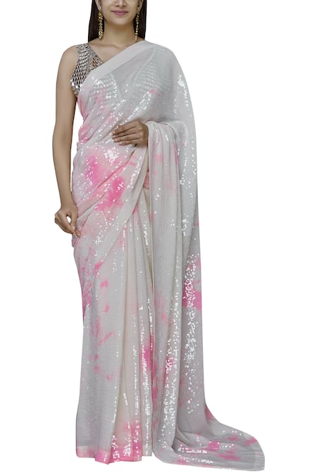 Akanksha Gajria White Georgette Tie-dye Sequin Saree Set