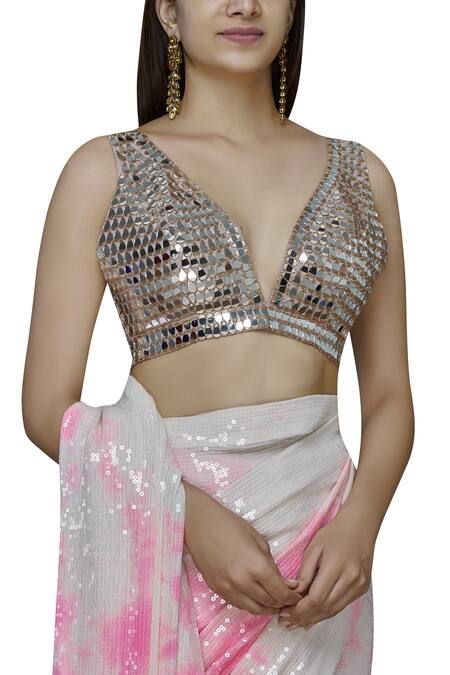 Akanksha Gajria_White Georgette Tie-dye Sequin Saree Set_Online_at_Aza_Fashions