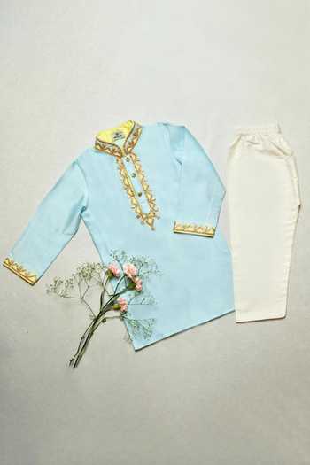 Shop Mockingbird Blue Kurta - Chanderi Silk Embroidered Patchwork Set at Aza Fashions Shop_Mockingbird_Blue Kurta - Chanderi Silk Embroidered Patchwork Set_at_Aza_Fashions