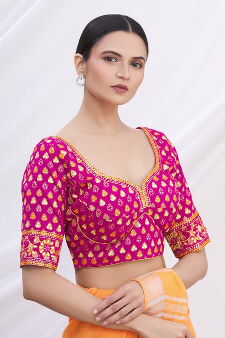 Arihant Rai Sinha Pink Banarasi Brocade Sweetheart Neck Saree Blouse