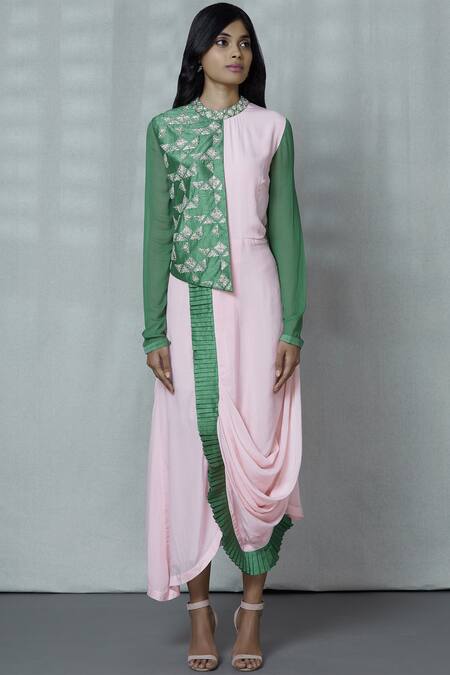 Buy_Aariyana Couture_Green Crepe, Silk Beads, Embroidery Mandarin Collar Draped Colorblock Tunic_Online_at_Aza_Fashions