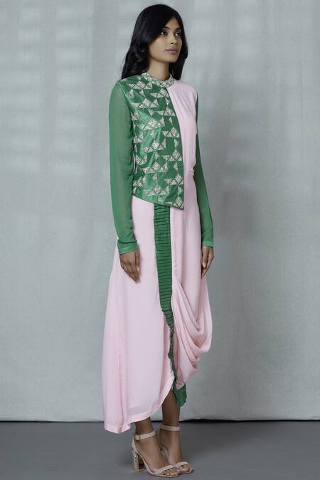 Aariyana Couture_Green Crepe, Silk Beads, Embroidery Mandarin Collar Draped Colorblock Tunic_Online_at_Aza_Fashions