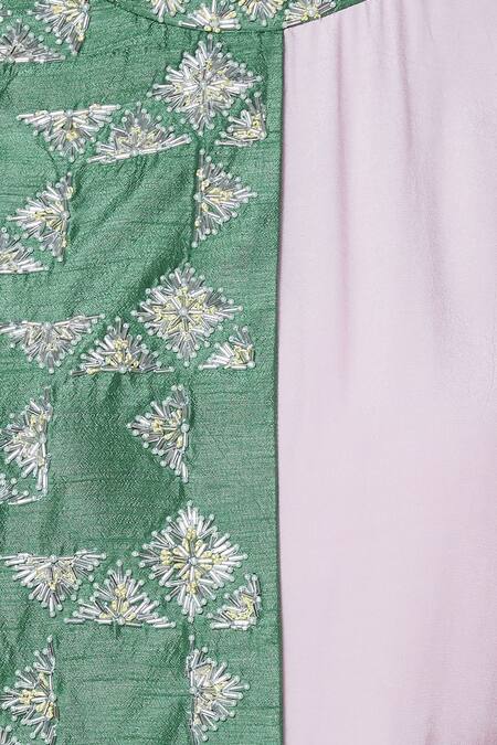 Aariyana Couture_Green Crepe, Silk Beads, Embroidery Mandarin Collar Draped Colorblock Tunic_at_Aza_Fashions