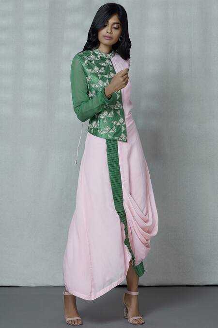 Shop_Aariyana Couture_Green Crepe, Silk Beads, Embroidery Mandarin Collar Draped Colorblock Tunic_Online_at_Aza_Fashions