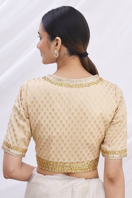 Shop_Arihant Rai Sinha_Beige Banarasi Brocade V Neck Blouse _at_Aza_Fashions