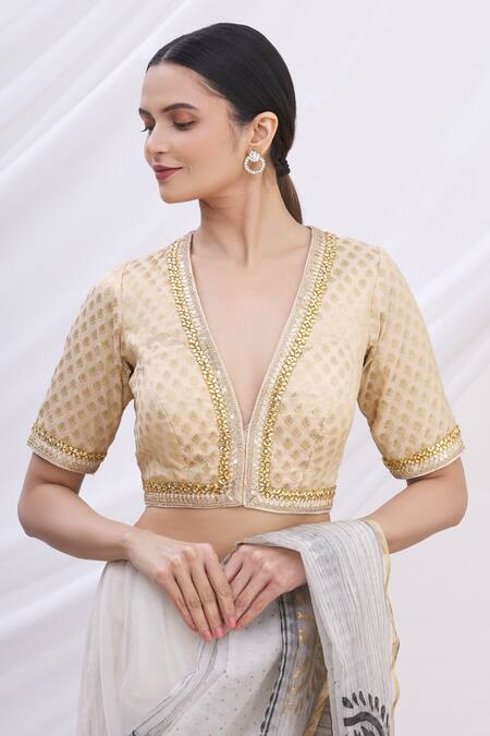 Buy_Arihant Rai Sinha_Beige Banarasi Brocade V Neck Blouse _Online_at_Aza_Fashions