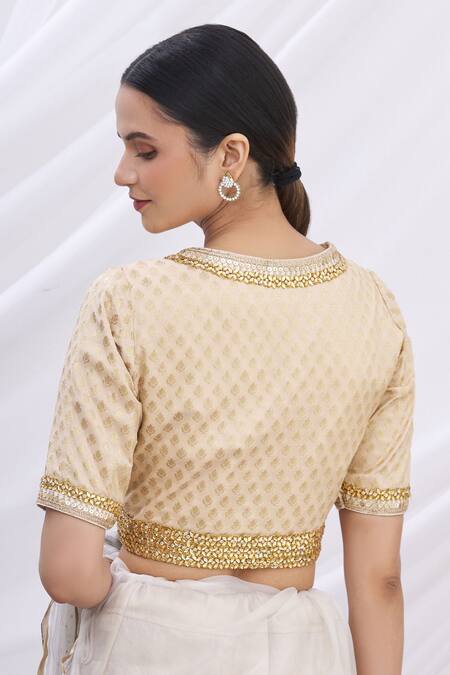 Shop_Arihant Rai Sinha_Beige Banarasi Brocade V Neck Blouse _Online_at_Aza_Fashions