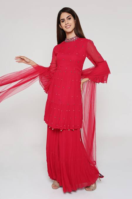 Bha Sha Pink Georgette, Net Sequins, Beads High Neck Aza Embroidered Tunic Sharara Set Online at Aza Fashions Bha Sha_Pink Georgette, Net Sequins, Beads High Neck Aza Embroidered Tunic Sharara Set _Online_at_Aza_Fashions
