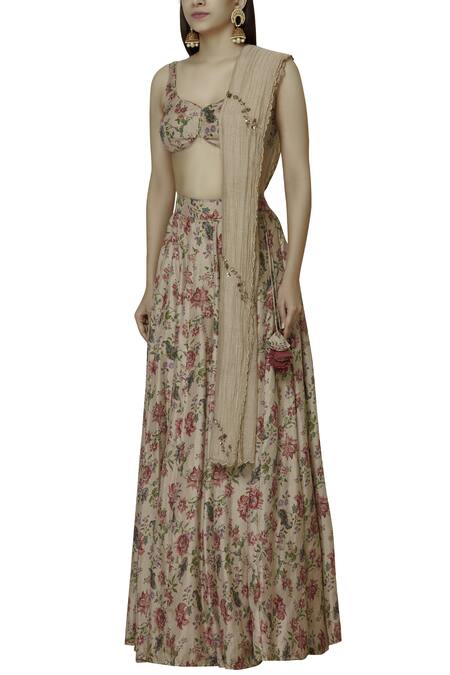 Buy Astha Narang Beige Dupatta Chanderi , Lehenga And Blouse V Neck Floral Print Set Online at Aza Fashions Buy_Astha Narang_Beige Dupatta Chanderi , Lehenga And Blouse V Neck Floral Print Set_Online_at_Aza_Fashions