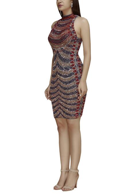 Buy_Chisel By Meghna Ramrakhiya_Multi Color Net Round Embellished Short Dress _Online_at_Aza_Fashions