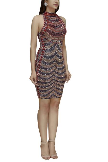 Chisel By Meghna Ramrakhiya_Multi Color Net Round Embellished Short Dress _Online_at_Aza_Fashions