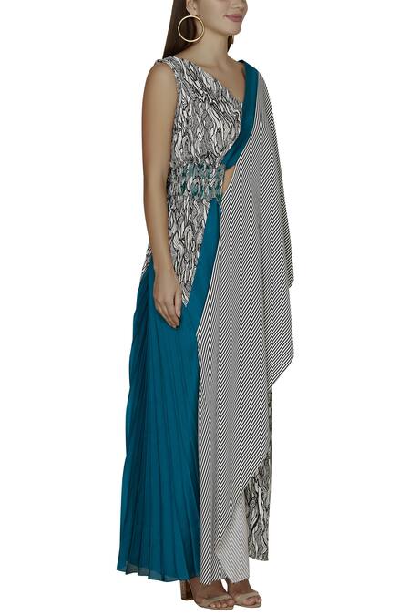 Amit Aggarwal_Blue Crepe Printed Overlay Dress_Online_at_Aza_Fashions