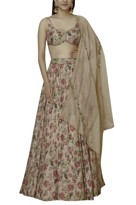 Astha Narang Beige Dupatta Chanderi , Lehenga And Blouse V Neck Floral Print Set Online at Aza Fashions Astha Narang_Beige Dupatta Chanderi , Lehenga And Blouse V Neck Floral Print Set_Online_at_Aza_Fashions