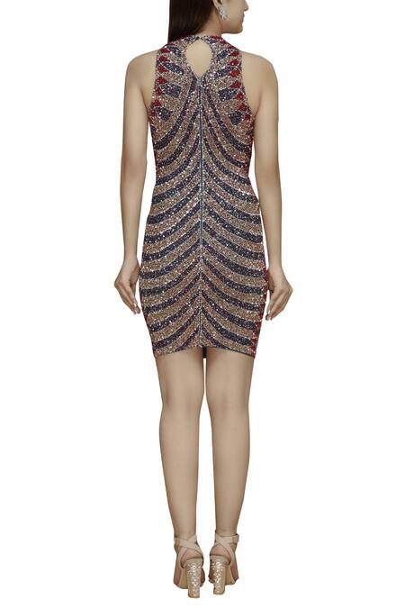 Shop_Chisel By Meghna Ramrakhiya_Multi Color Net Round Embellished Short Dress _at_Aza_Fashions