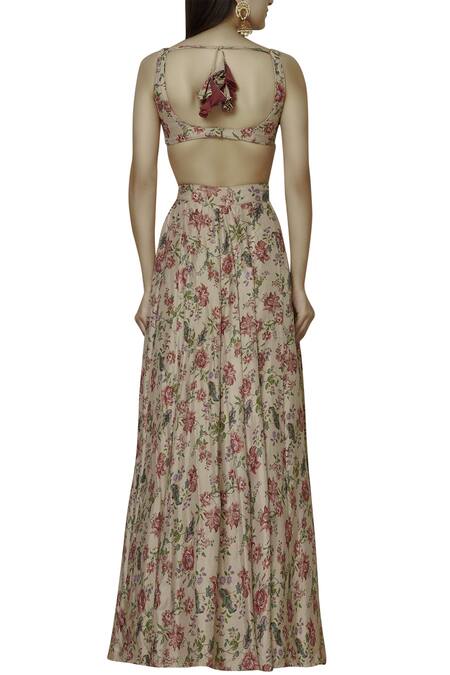 Shop Astha Narang Beige Dupatta Chanderi , Lehenga And Blouse V Neck Floral Print Set at Aza Fashions Shop_Astha Narang_Beige Dupatta Chanderi , Lehenga And Blouse V Neck Floral Print Set_at_Aza_Fashions