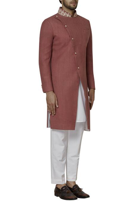 Sol By Piyush Dedhia_Red Matka Silk Overlap Sherwani Set  _Online_at_Aza_Fashions