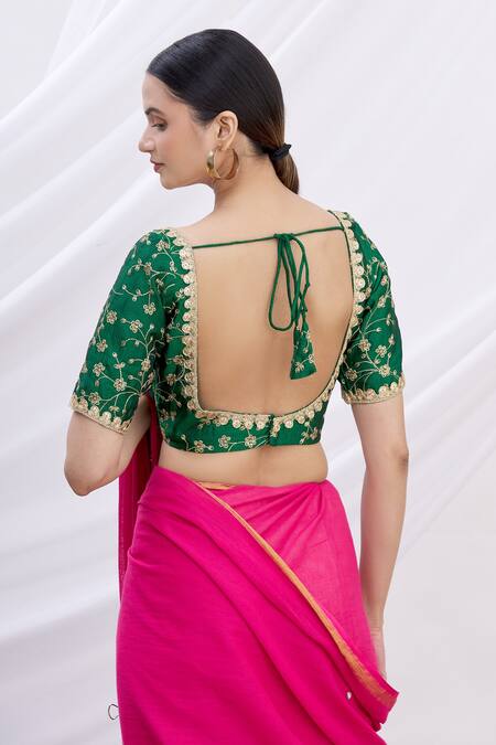 Shop Khwaab By Sanjana Lakhani Green Silk Cut Work Scoop Neck Floral Motif Embroidered Blouse at Aza Fashions Shop_Khwaab By Sanjana Lakhani_Green Silk Cut Work Scoop Neck Floral Motif Embroidered Blouse_at_Aza_Fashions