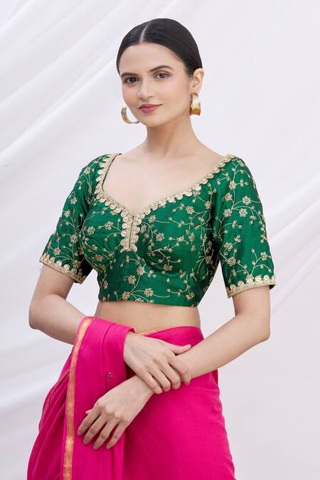 Khwaab By Sanjana Lakhani Green Silk Cut Work Scoop Neck Floral Motif Embroidered Blouse Online at Aza Fashions Khwaab By Sanjana Lakhani_Green Silk Cut Work Scoop Neck Floral Motif Embroidered Blouse_Online_at_Aza_Fashions